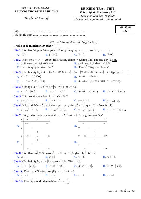 Đề kiểm tra 1 tiết Đại số 10 chương 1 – 2 năm 2018 – 2019 trường Phú Tân – An Giang (bản Word)